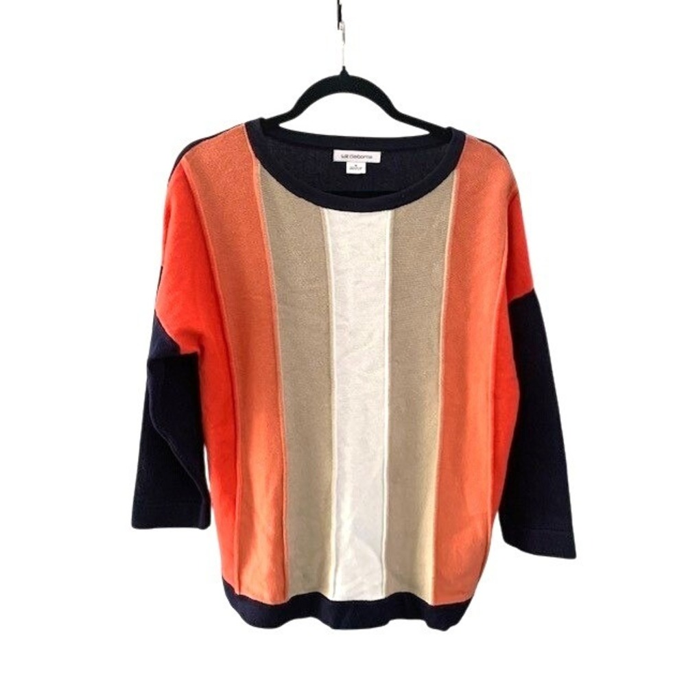 Liz Claiborne Women Medium Cotton Colorblock Stripe 3/4 Sleeve Sweater Navy Blue